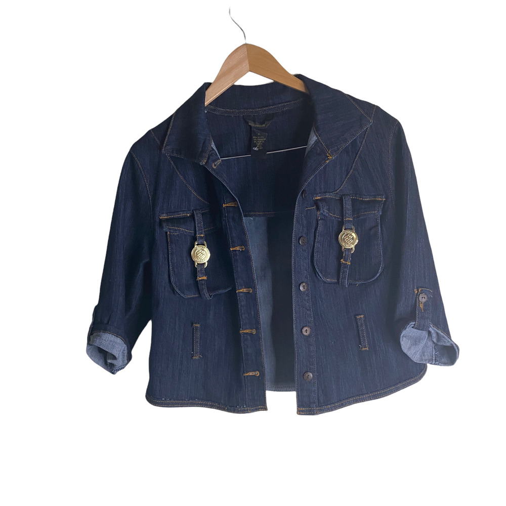 Vintage Rocawear Denim Jean Jacket Gold Embroidered Medallion Cropped Belted XL